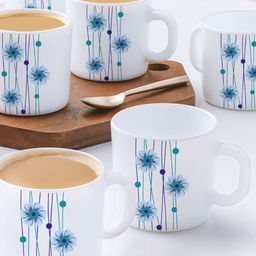 Larah by BOROSIL White & Blue 12 Pieces Floral Printed Opalware Glossy Mugs 180 ML Each-9
