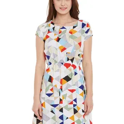 Ruhaans White Geometric Printed Crepe A-Line Dress-image-6