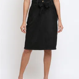 am ma Women Black Solid Straight Knee-Length Skirt-image-28