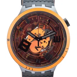 Swatch Unisex Mustard Yellow Printed Dial & Black Straps Water Resistant Analogue Watch SB01B127-29