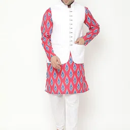 Hangup Men Red Printed Kurta with Pyjama With Jacket-14