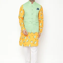 Hangup Men Yellow Printed Kurta with Pyjamas & With Nehru Jacket-7