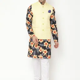 Hangup Men Black Floral Printed Cotton Blend Kurta with Pyjamas & Nehru Jacket Set-picture-14