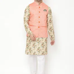 Hangup Men Floral Printed Kurta with Pyjamas With Jacket-42