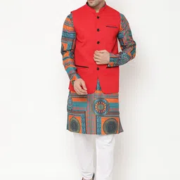 Hangup Men Green Ethnic Motifs Printed Kurta with Pyjamas & Nehru Jacket Set-2