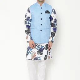 Hangup Men White Floral Printed Cotton Blend Kurta with Pyjamas-picture-27