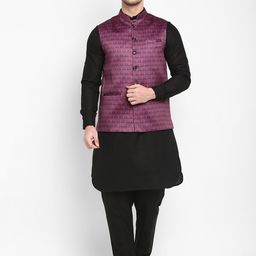 Hangup Men Black Linen Kurta with Pyjamas & Nehru Jacket Set-picture-9