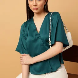 MINT STREET V-Neck Flared Sleeve Satin Regular Top-image-91