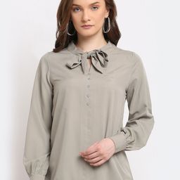 La Zoire Grey Tie-Up Neck Crepe Regular Top-picture-22