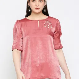 Kuber Studio Burgundy Keyhole Neck Crepe Regular Top-image-91