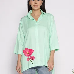 LetsDressUp Floral Printed Shirt Collar High Low Top-image-93