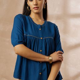 all about you Round Neck Gathered Cotton Regular Top-image-24