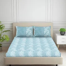 SPACES Blue & White Floral Printed Cotton 144 TC Queen Bedsheet With 2 Pillow Covers-image-23