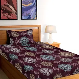 Arrabi Violet & White Ethnic Motifs 300 TC Single Bedsheet with Pillow Cover-image-86