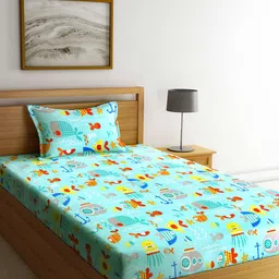 Arrabi Multicoloured Cartoon Characters 300 TC Single Bedsheet with 1 Pillow Covers-56