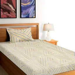 Arrabi Beige & Blue Striped 300 TC Single Bedsheet with Pillow Cover-68