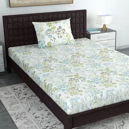 Divine Casa White Green Printed 144 TC Pure Cotton Single Bedsheet 1 Pillow Cover-image-78