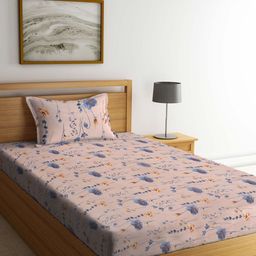 Arrabi Peach & Blue Floral 300 TC Flat Single Bedsheet With 1 Pillow Cover-26