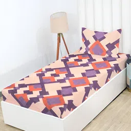 RD TREND Cream & Purple Geometric Cotton Fitted 210 TC Single Bedsheet With 1 Pillow Cover-image-79