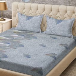 KLOTTHE Grey & Blue Floral 300 TC Fitted Super King Double Bedsheet with 2 Pillow Covers-image-92