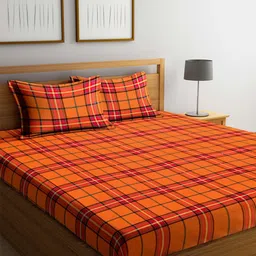 Arrabi Orange & Black Geometric 300 TC Cotton King Bedsheet With 2 Pillow Covers-image-36