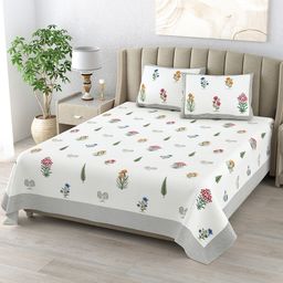 DE CAMA White & Green Floral 300 TC Pure Cotton King Bedsheet With 2 Pillow Covers-image-48