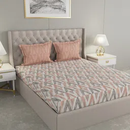 GM Beige & Off-White Geometric 144 TC Cotton 1 Super Queen Bedsheet with 2 Pillow Covers-picture-28