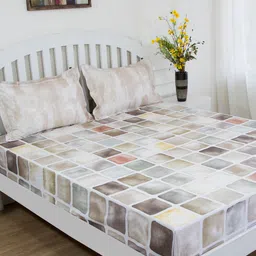 GM Off-White & Grey Geometric 180 TC Cotton 1 Super Queen Bedsheet with 2 Pillow Covers-9