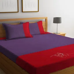 DECOREALM Purple & Red Striped 300 TC Cotton 1 King Bedsheet with 2 Pillow Covers-picture-9