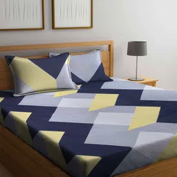 Arrabi Blue & Yellow Geometric Printed 300 TC King Bedsheet with 2 Pillow Covers-image-15