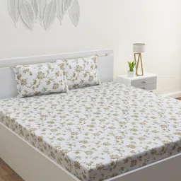 HOME AFFAIRS White & Gold-Toned Printed 210 TC Cotton King Bedsheet & 2 Pillow Covers-image-45