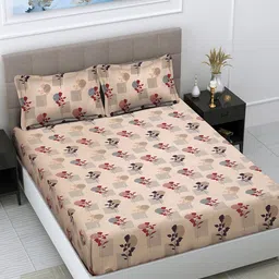 FABINALIV Peach-Coloured & Red Floral 300 TC King Bedsheet With 2 Pillow Covers-16