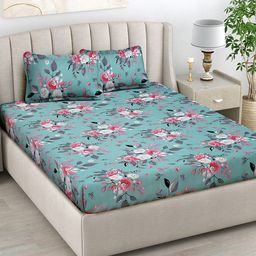 FABINALIV Turquoise Blue & Pink Floral 300 TC King Bedsheet With 2 Pillow Covers-image-11