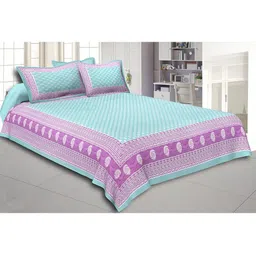BED-SHEET.COM Blue & Pink Printed Cotton 120 TC King Bedsheet With 2 Pillow Covers-image-32