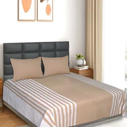 Saral Home Beige & White Striped Cotton 210 TC King Bedsheet with 2 Pillow Covers-image-14