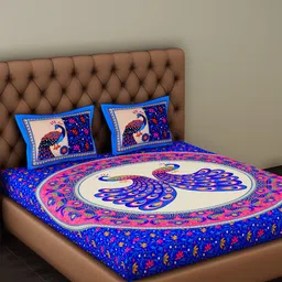 Urban Magic Blue & White Ethnic Motifs 104 TC Queen Bedsheet with 2 Pillow Covers-image-41
