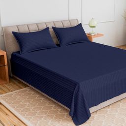 CURIOUS LIFESTYLE Navy Blue Striped 300 TC Queen Bedsheet with 2 Pillow Covers-image-55