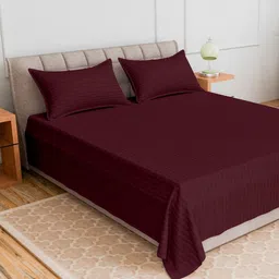 CURIOUS LIFESTYLE Burgundy Striped 300 TC Queen Bedsheet with 2 Pillow Covers-image-89