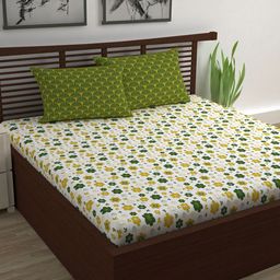 Divine Casa Olive Green & White Floral 120 TC Double Bedsheet with 2 Pillow Covers-image-99