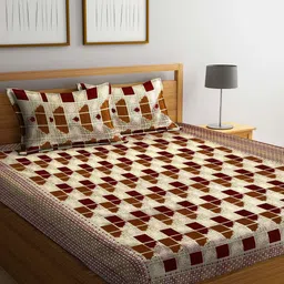Arrabi Red & Brown Geometric 300 TC King Bedsheet with 2 Pillow Covers-24
