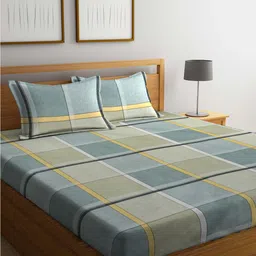 Arrabi Green & Yellow Geometric Polycotton 300 TC King Bedsheet With 2 Pillow Covers-image-50