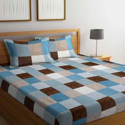 Arrabi Blue & Brown Geometric Printed 300 TC King Bedsheet With 2 Pillow Covers-1