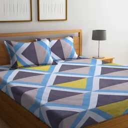 Arrabi Yellow & Blue Geometric 300 TC King Bedsheet with 2 Pillow Covers-image-37