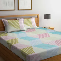 Arrabi Green & Blue Geometric Printed 300 TC Fitted King Bedsheet &  2 Pillow Covers-image-79