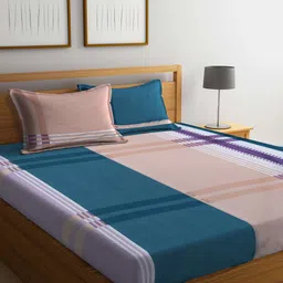 Arrabi Teal & Peach-Coloured Geometric 300 TC King Bedsheet with 2 Pillow Covers-1