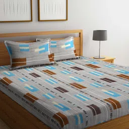 Arrabi Grey & Blue Geometric 300 TC King Bedsheet with 2 Pillow Covers-12