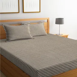 Arrabi Beige & Black Striped Polycotton 300 TC King Bedsheet With 2 Pillow Covers-85