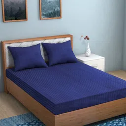 Niamh by Tag 7 Navy Blue 144 TC Striped King Cotton Bedsheet with 2 Pillow Covers-58