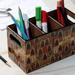 DULI Brown & Yellow Ethic Motif Printed MDF Wooden Pen Stand With 3 Sections-1