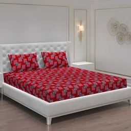 Moca By Monte Carlo Red & Black Floral 120 TC 2 Queen Bedsheet with 4 Pillow Covers-image-1